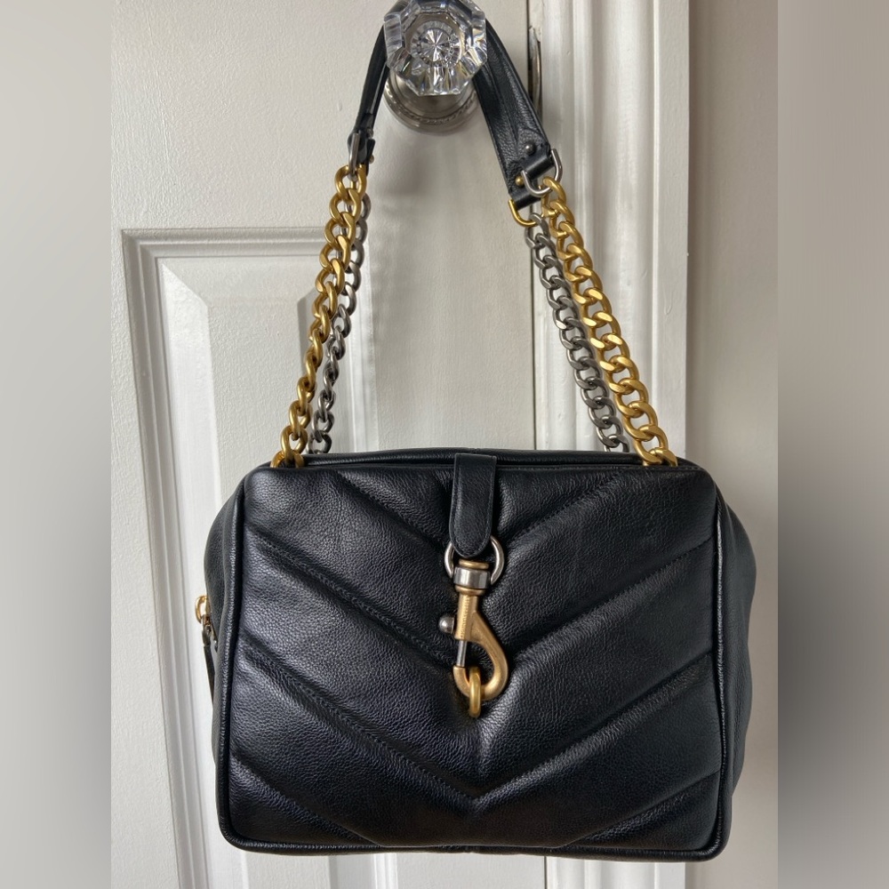 Rebecca Minkoff Edie Maxi Top Zip Black Leather Shoulder Bag with Mixed Metals